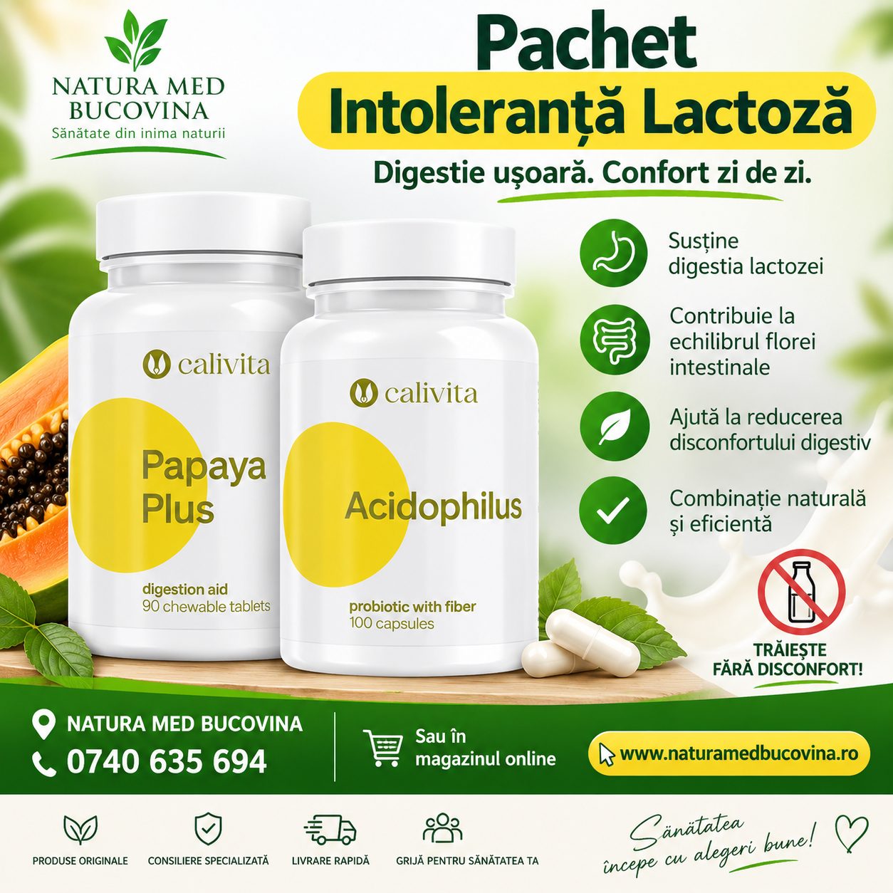 053f1ded-f090-48ef-9fbb-bb7c8c6f1638 Pachet Intoleranţă Lactoză: Papaya Plus + Acidophilus